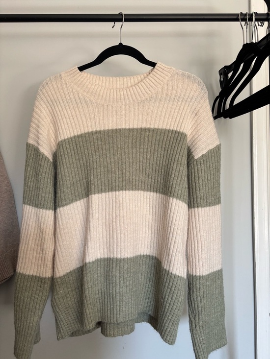 H&M Sweaters - H&M Cream and Sage Striped Ribbed Crewneck Sweater